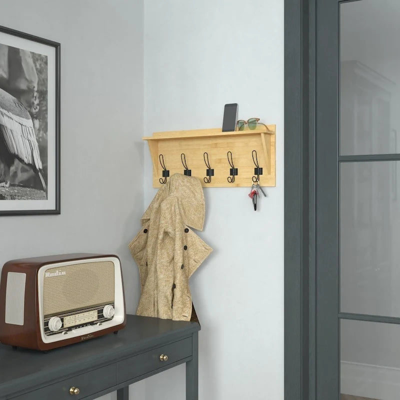 Étagère de rangement murale avec tablette supérieure et crochets de rangement