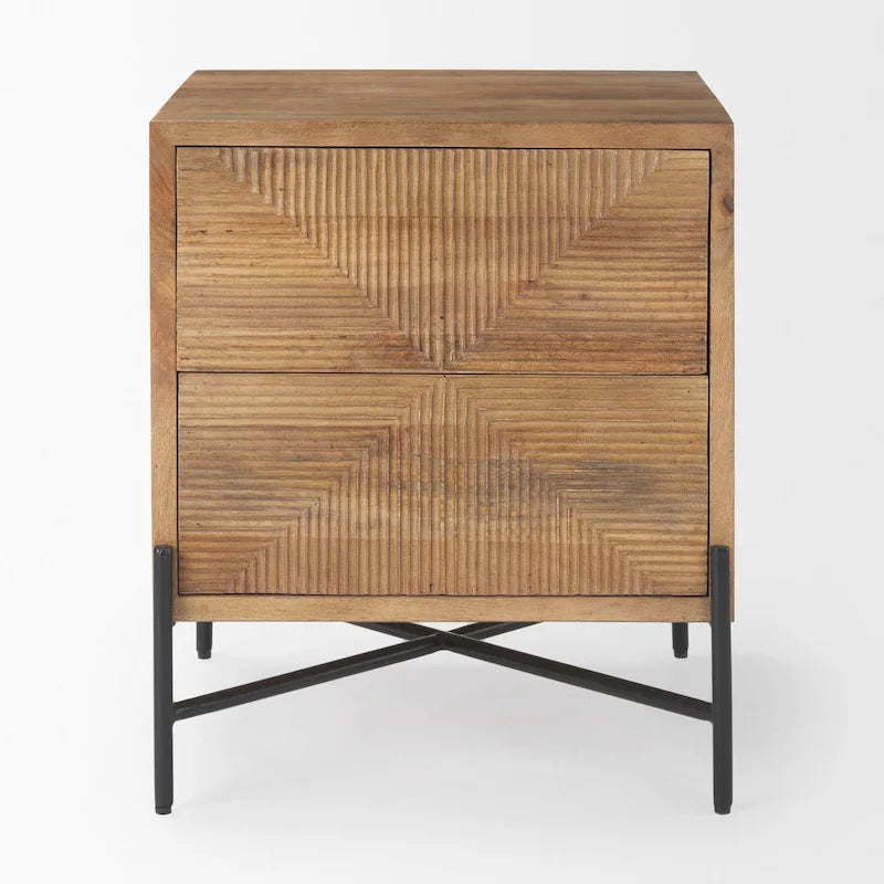 Table d'appoint à 2 tiroirs en bois massif marron clair et structure en fer noir - 22L x 22l x 26H