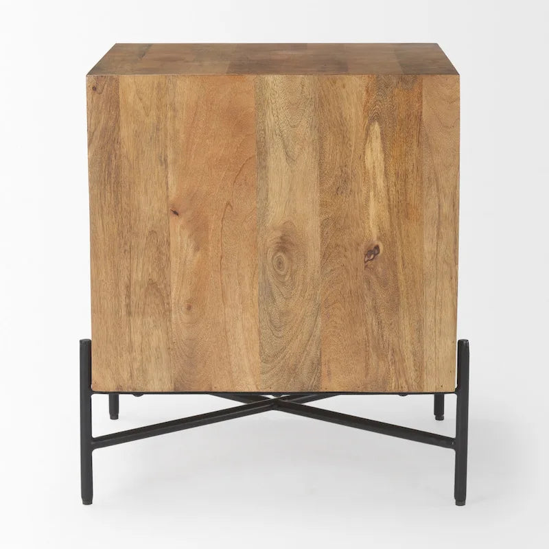 Table d'appoint à 2 tiroirs en bois massif marron clair et structure en fer noir - 22L x 22l x 26H