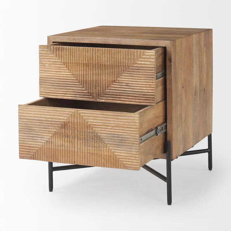 Table d'appoint à 2 tiroirs en bois massif marron clair et structure en fer noir - 22L x 22l x 26H