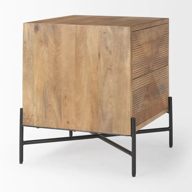 Table d'appoint à 2 tiroirs en bois massif marron clair et structure en fer noir - 22L x 22l x 26H