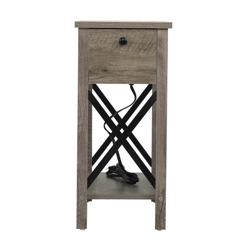 Farmhouse Flip Top Nightstand End Table W/Drawer 2AC Outlets 2USB