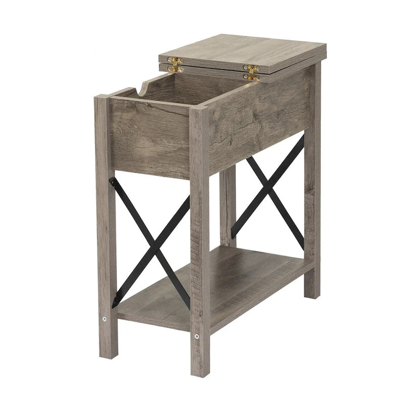 Table d'appoint de style rustique avec dessus relevable, tiroir, 2 prises secteur et 2 ports USB