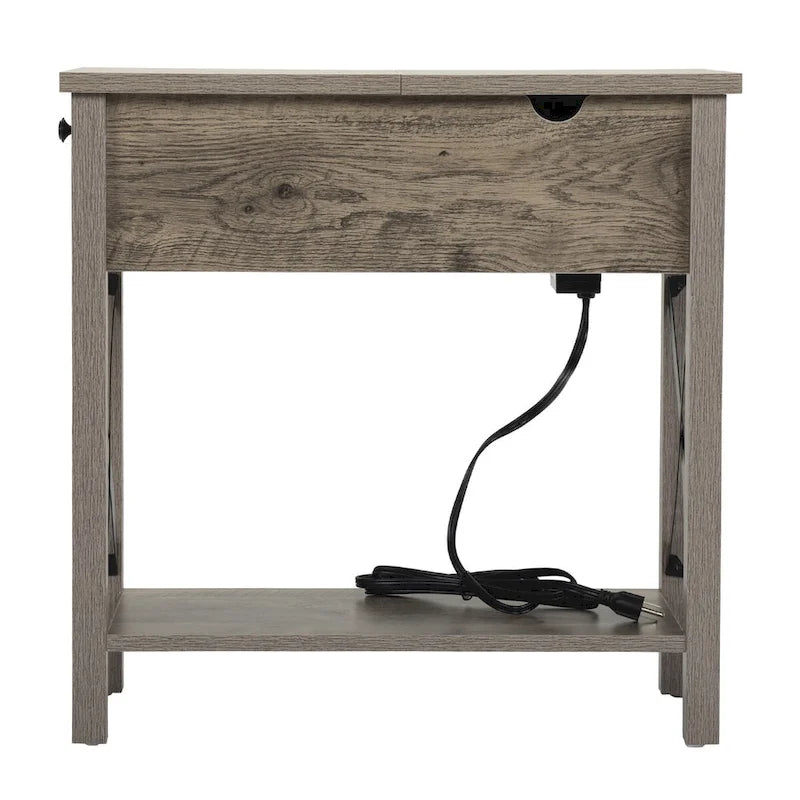 Table d'appoint de style rustique avec dessus relevable, tiroir, 2 prises secteur et 2 ports USB