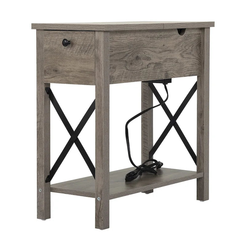 Table d'appoint de style rustique avec dessus relevable, tiroir, 2 prises secteur et 2 ports USB