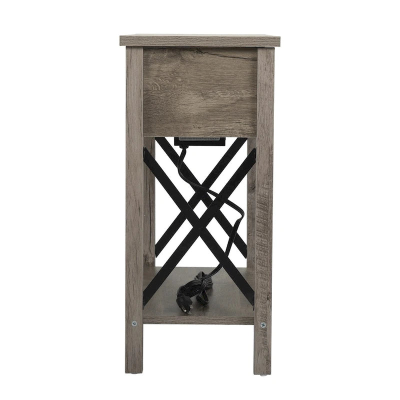 Table d'appoint de style rustique avec dessus relevable, tiroir, 2 prises secteur et 2 ports USB