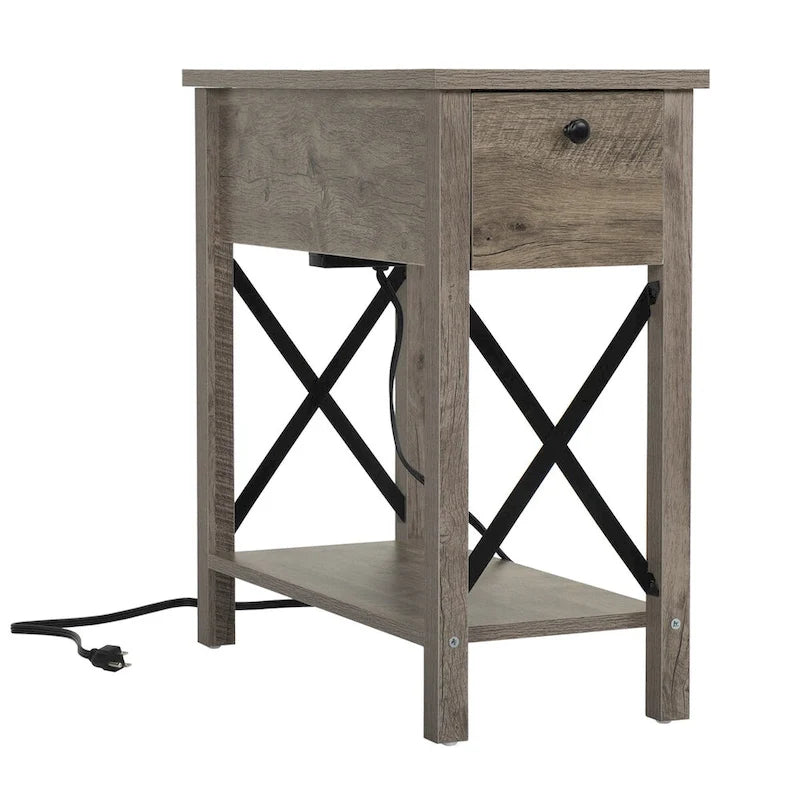Table d'appoint de style rustique avec dessus relevable, tiroir, 2 prises secteur et 2 ports USB
