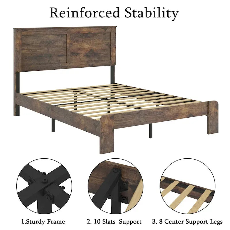 Lit plateforme en bois marron foncé de taille double pour chambre à coucher