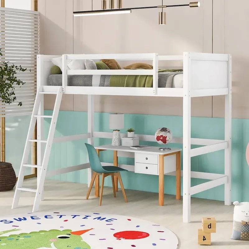 Lit mezzanine double en bois massif avec échelle