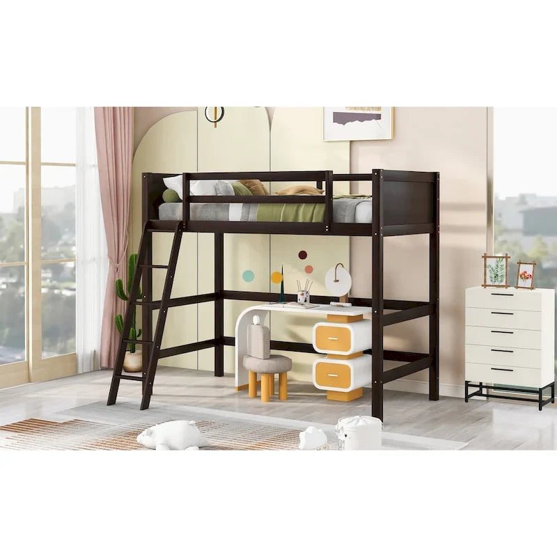 Lit mezzanine double en bois massif avec échelle