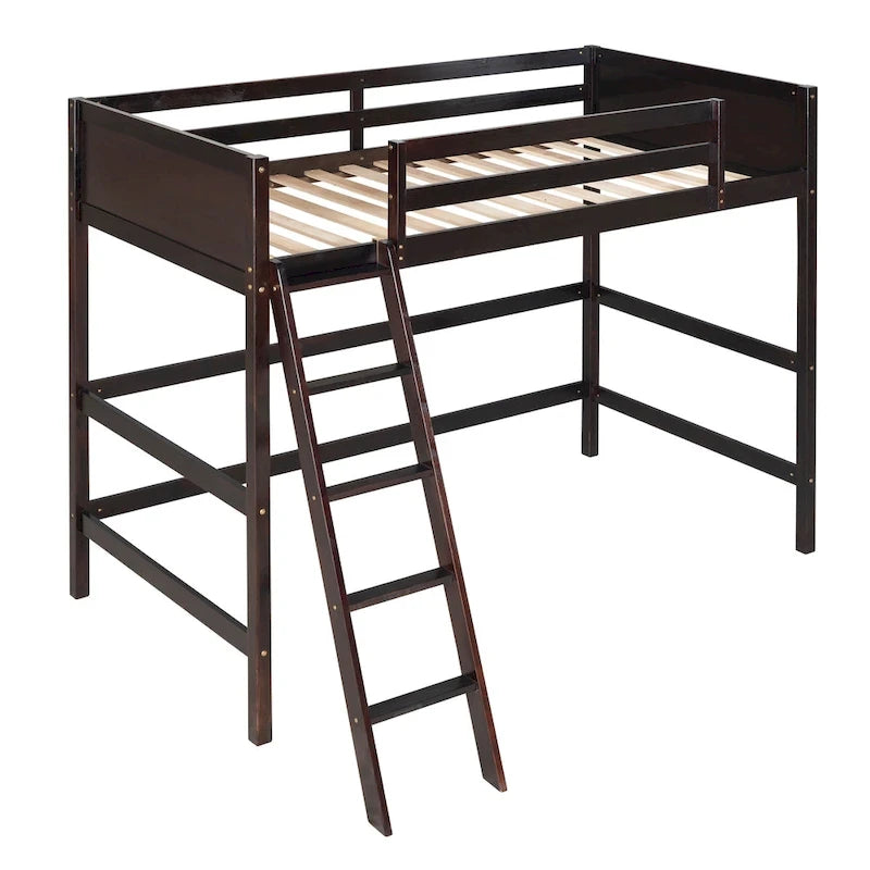 Lit mezzanine double en bois massif avec échelle