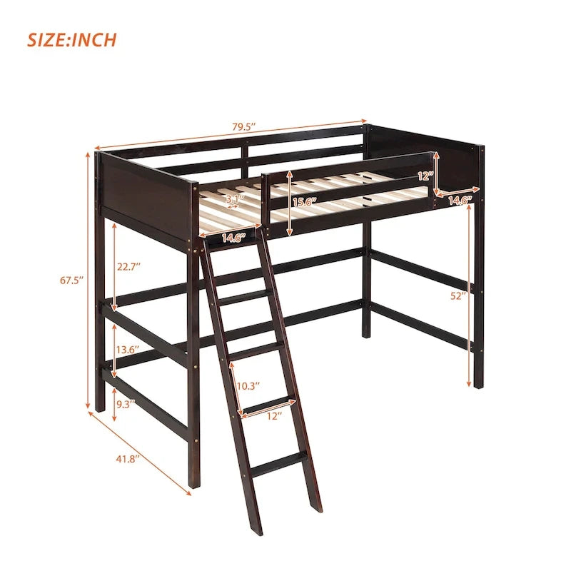 Lit mezzanine double en bois massif avec échelle