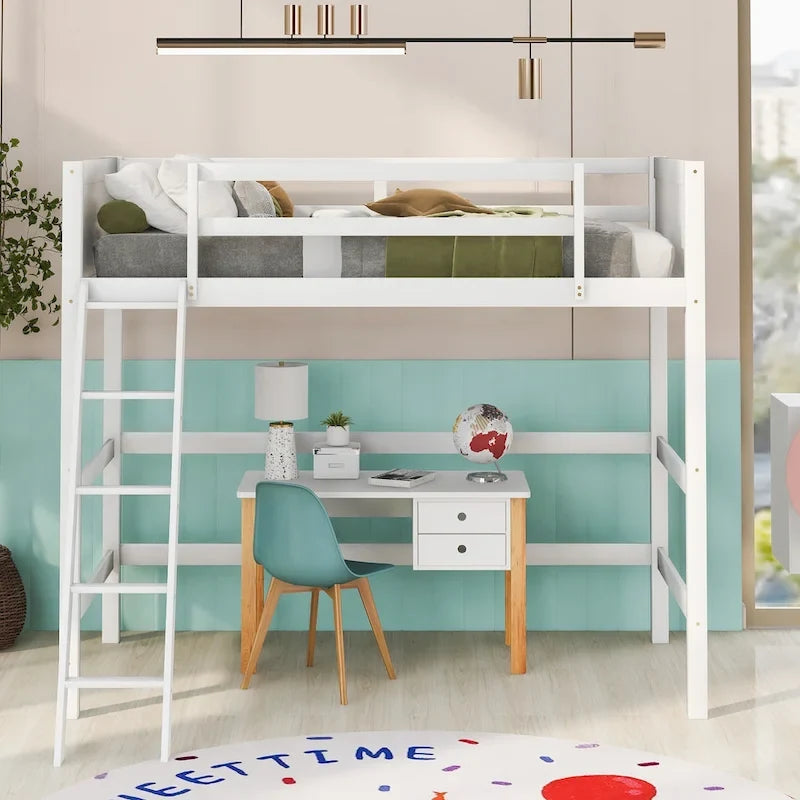 Lit mezzanine double en bois massif avec échelle