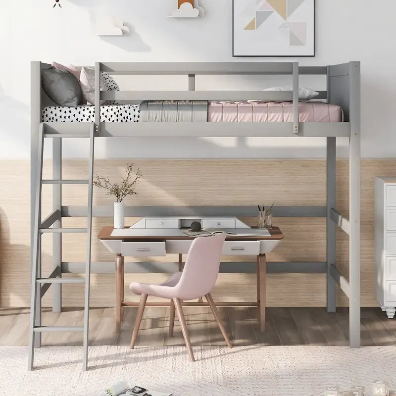 Lit mezzanine double en bois massif avec échelle