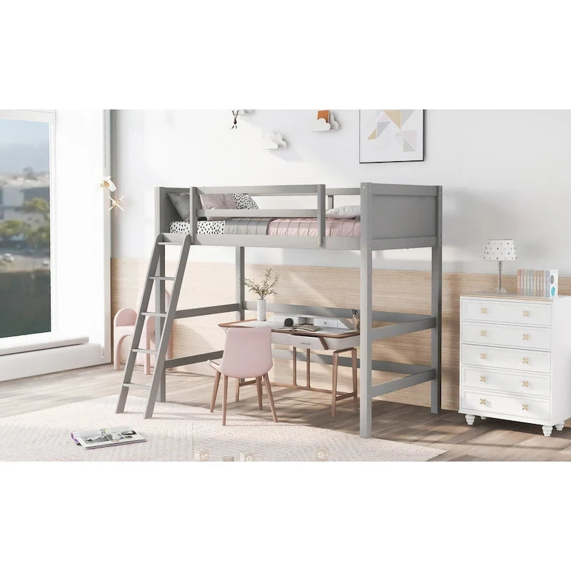 Lit mezzanine double en bois massif avec échelle