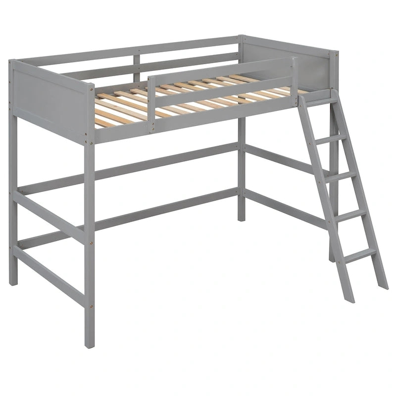 Lit mezzanine double en bois massif avec échelle