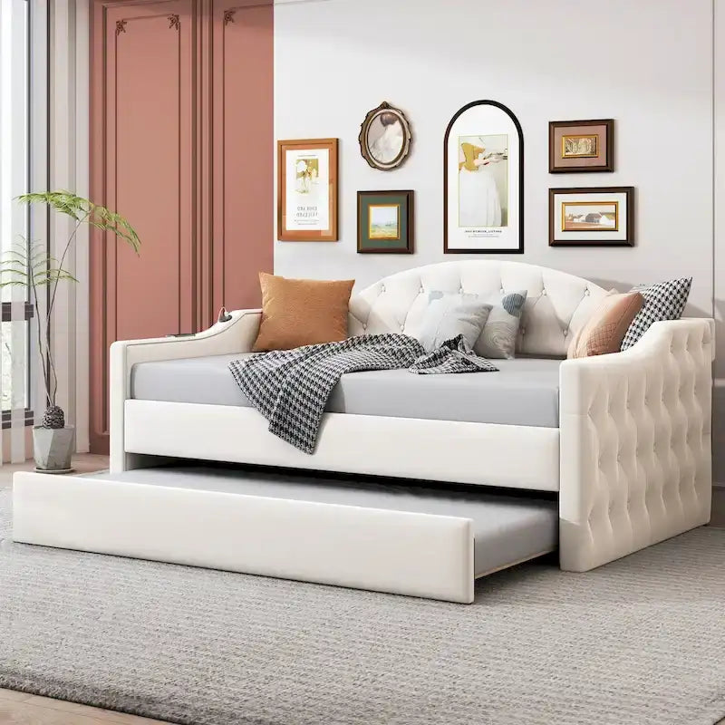 Lit de repos rembourré capitonné avec tiroir gigogne – Lit banquette en velours avec ports de chargement USB et Type-C, aucun sommier tapissier requis