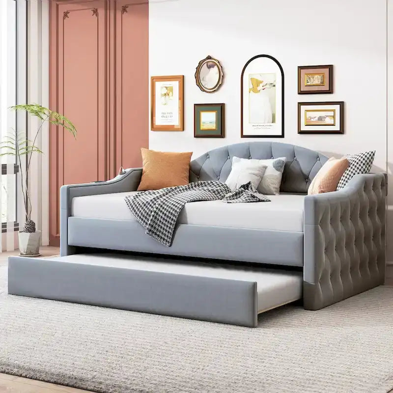 Lit de repos rembourré capitonné avec tiroir gigogne – Lit banquette en velours avec ports de chargement USB et Type-C, aucun sommier tapissier requis