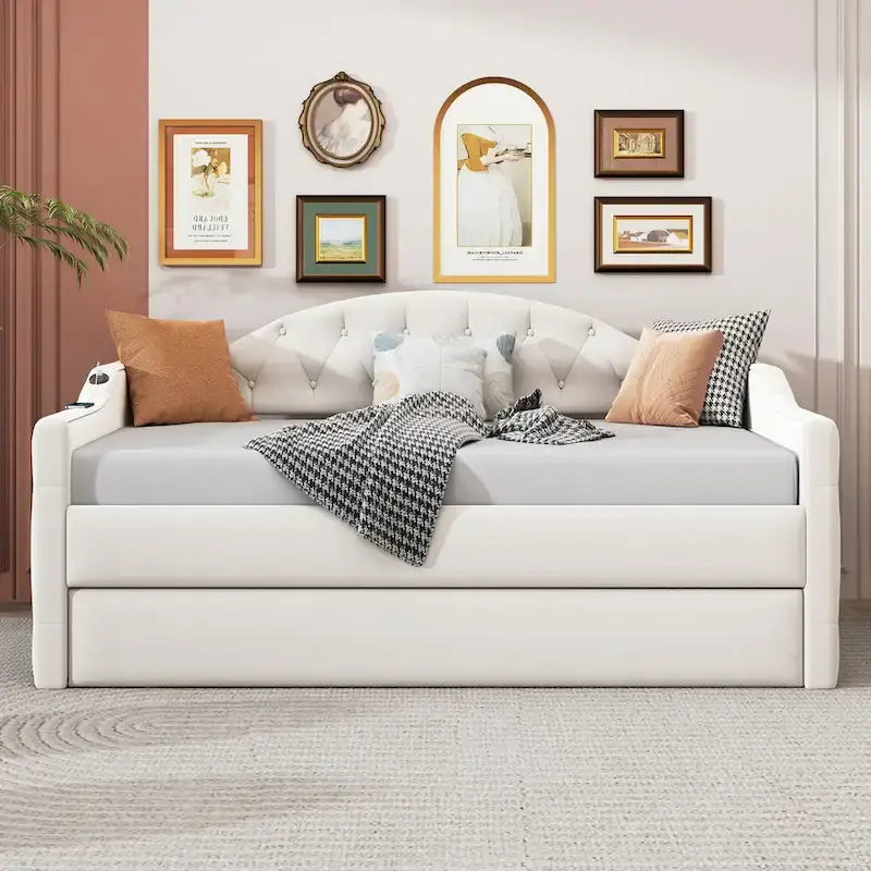 Lit de repos rembourré capitonné avec tiroir gigogne – Lit banquette en velours avec ports de chargement USB et Type-C, aucun sommier tapissier requis