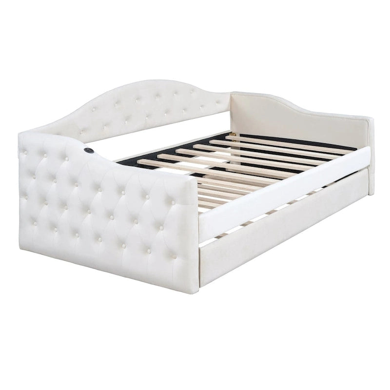 Lit de repos rembourré capitonné avec tiroir gigogne – Lit banquette en velours avec ports de chargement USB et Type-C, aucun sommier tapissier requis