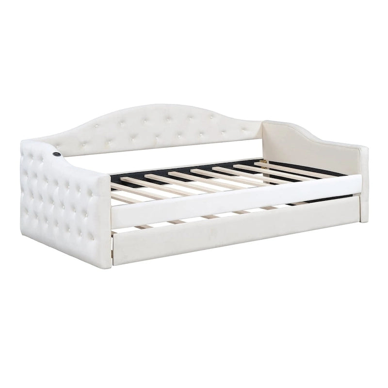 Lit de repos rembourré capitonné avec tiroir gigogne – Lit banquette en velours avec ports de chargement USB et Type-C, aucun sommier tapissier requis