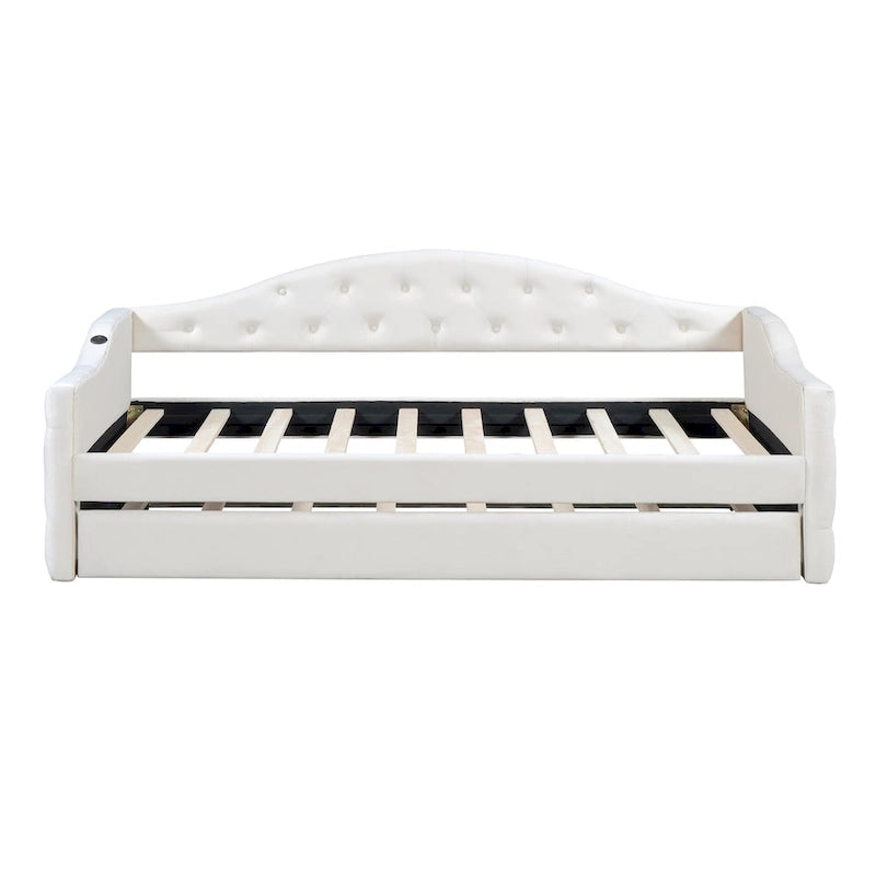 Lit de repos rembourré capitonné avec tiroir gigogne – Lit banquette en velours avec ports de chargement USB et Type-C, aucun sommier tapissier requis