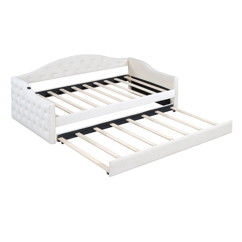 Lit de repos rembourré capitonné avec tiroir gigogne – Lit banquette en velours avec ports de chargement USB et Type-C, aucun sommier tapissier requis