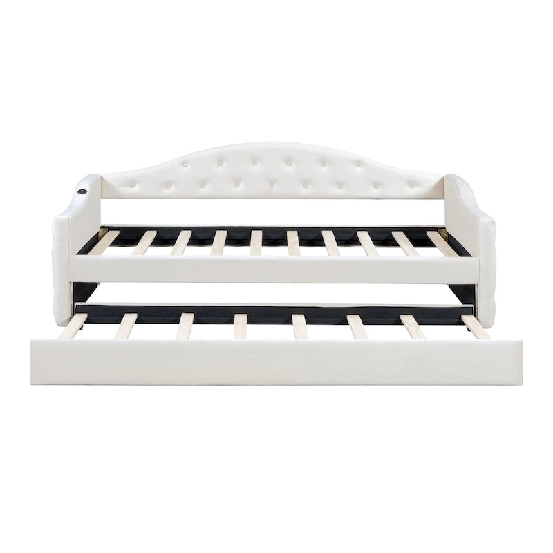 Lit de repos rembourré capitonné avec tiroir gigogne – Lit banquette en velours avec ports de chargement USB et Type-C, aucun sommier tapissier requis
