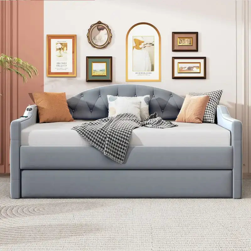 Lit de repos rembourré capitonné avec tiroir gigogne – Lit banquette en velours avec ports de chargement USB et Type-C, aucun sommier tapissier requis