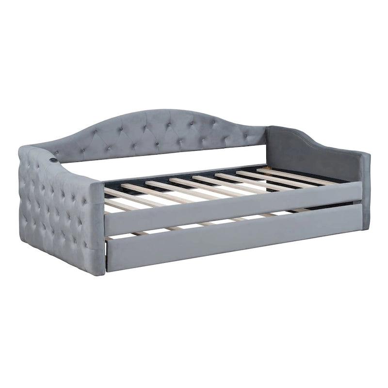 Lit de repos rembourré capitonné avec tiroir gigogne – Lit banquette en velours avec ports de chargement USB et Type-C, aucun sommier tapissier requis
