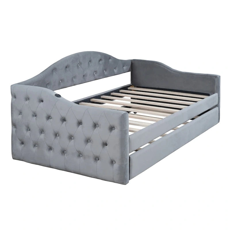 Lit de repos rembourré capitonné avec tiroir gigogne – Lit banquette en velours avec ports de chargement USB et Type-C, aucun sommier tapissier requis