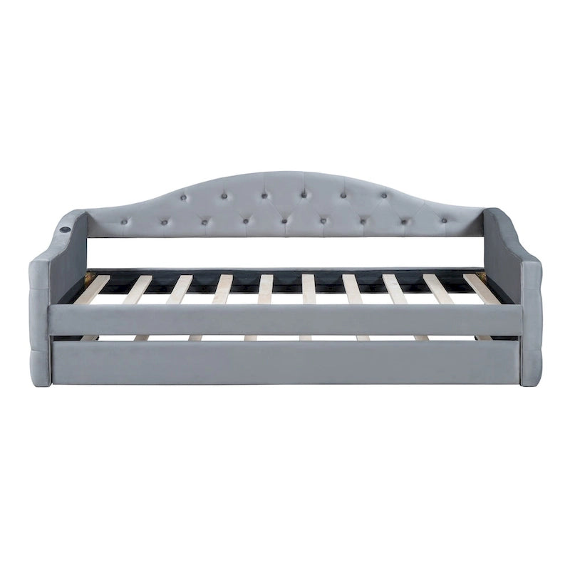 Lit de repos rembourré capitonné avec tiroir gigogne – Lit banquette en velours avec ports de chargement USB et Type-C, aucun sommier tapissier requis