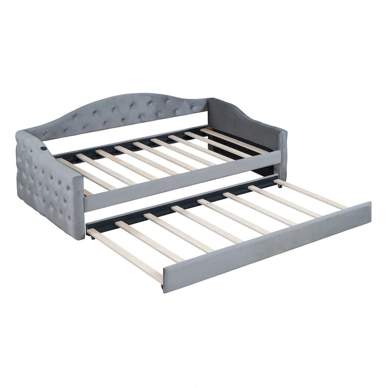 Lit de repos rembourré capitonné avec tiroir gigogne – Lit banquette en velours avec ports de chargement USB et Type-C, aucun sommier tapissier requis