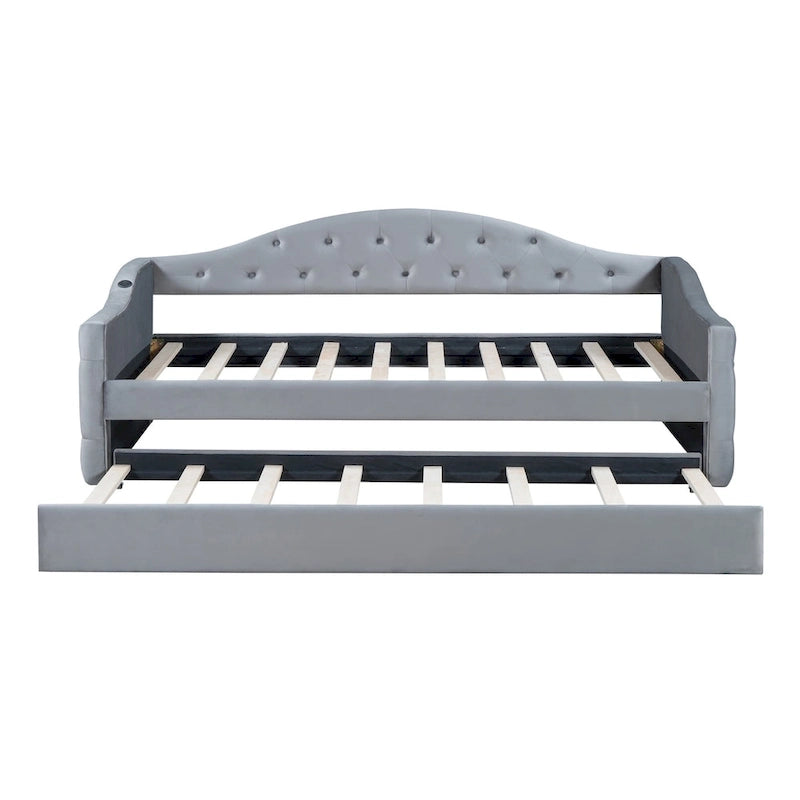 Lit de repos rembourré capitonné avec tiroir gigogne – Lit banquette en velours avec ports de chargement USB et Type-C, aucun sommier tapissier requis