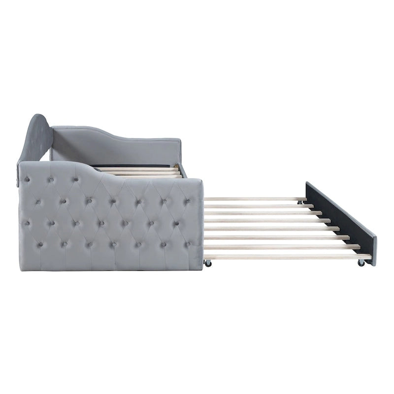 Lit de repos rembourré capitonné avec tiroir gigogne – Lit banquette en velours avec ports de chargement USB et Type-C, aucun sommier tapissier requis