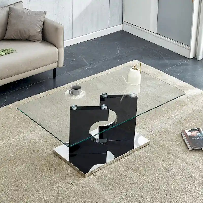Table basse rectangulaire moderne 47,2x25,5x18 avec plateau en verre trempé et pieds en MDF noir