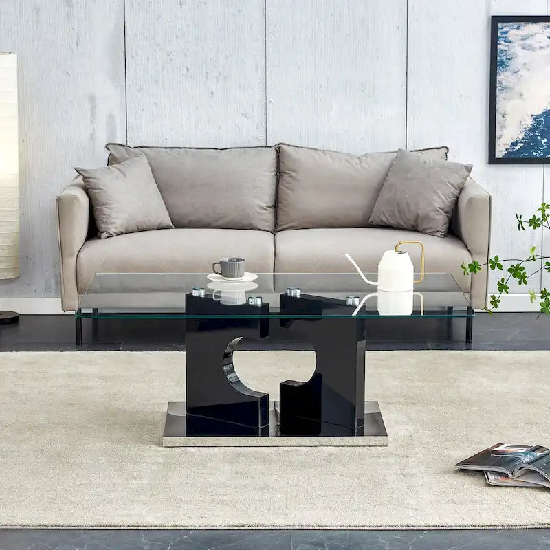 Table basse rectangulaire moderne 47,2x25,5x18 avec plateau en verre trempé et pieds en MDF noir