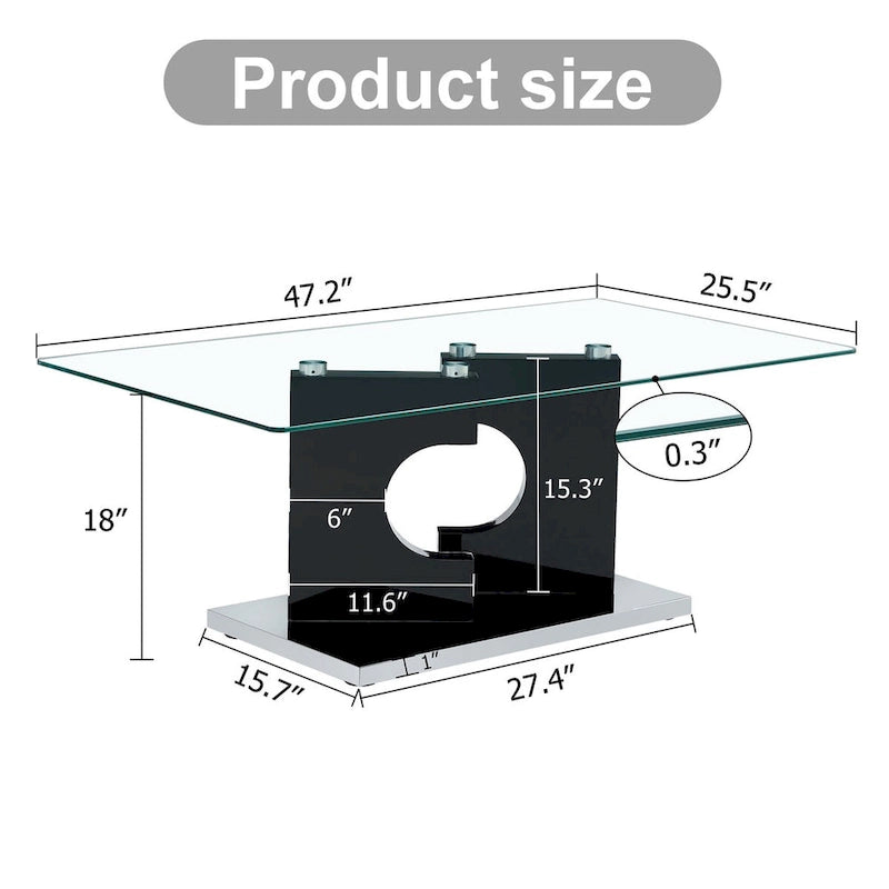 Table basse rectangulaire moderne 47,2x25,5x18 avec plateau en verre trempé et pieds en MDF noir