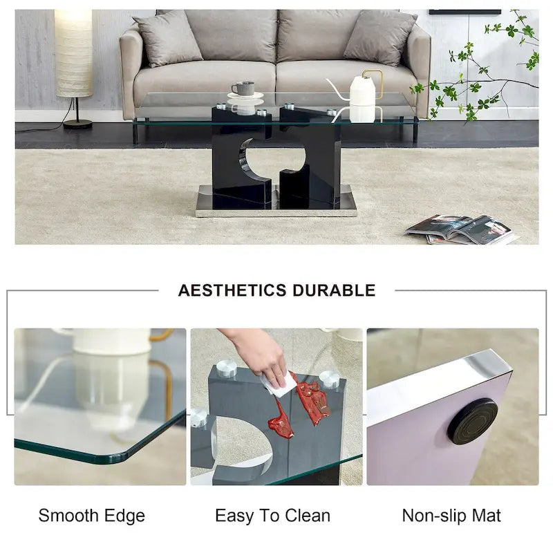 Table basse rectangulaire moderne 47,2x25,5x18 avec plateau en verre trempé et pieds en MDF noir