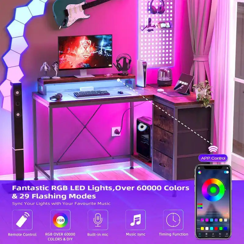 Bureau en L avec prises de courant et lumières LED