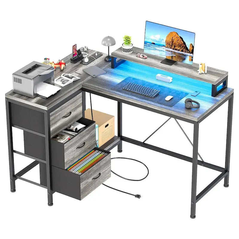 Bureau en L avec prises de courant et lumières LED