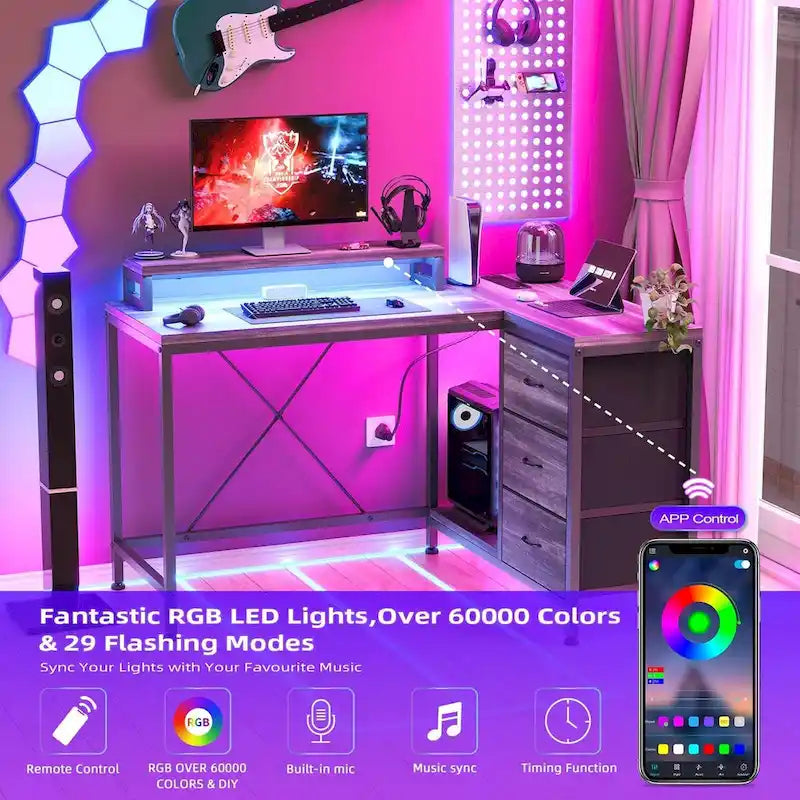 Bureau en L avec prises de courant et lumières LED