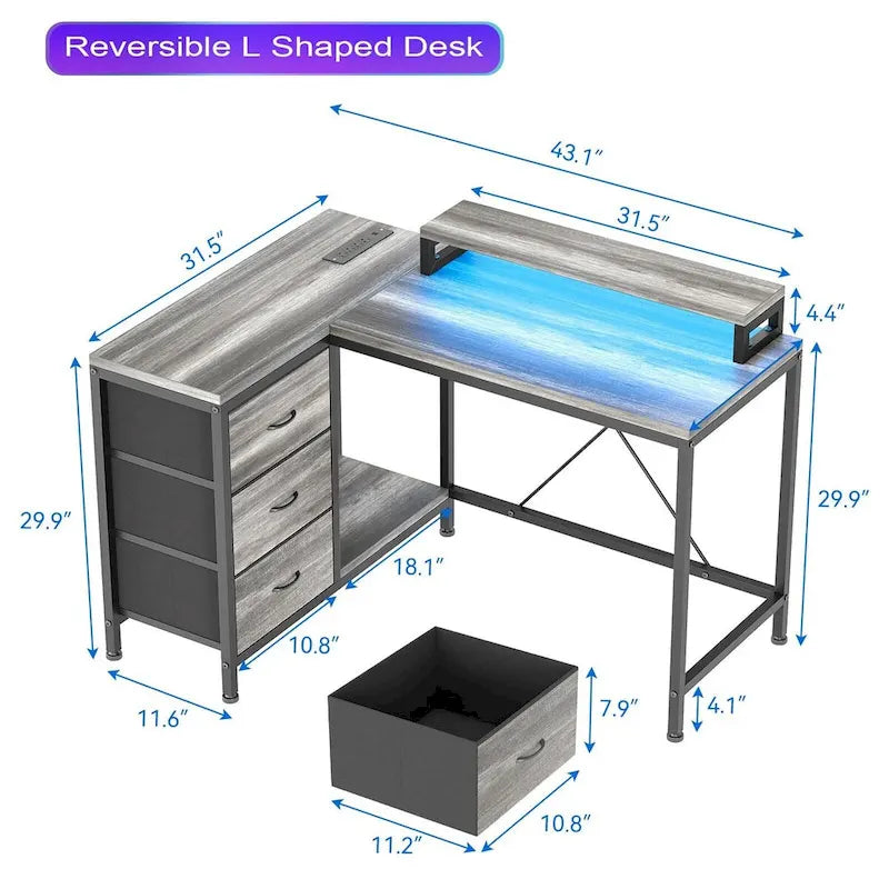 Bureau en L avec prises de courant et lumières LED