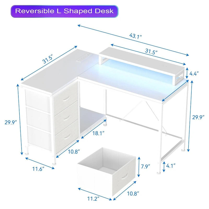 Bureau en L avec prises de courant et lumières LED