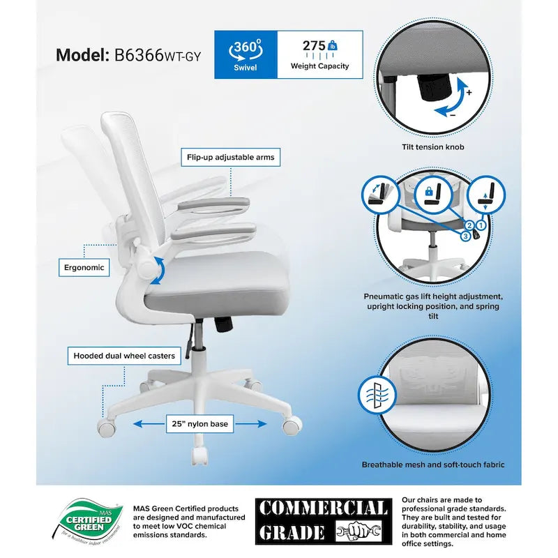 Chaise de bureau ergonomique avec accoudoirs relevables et dossier en maille