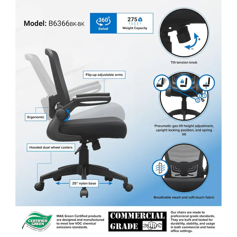 Chaise de bureau ergonomique avec accoudoirs relevables et dossier en maille