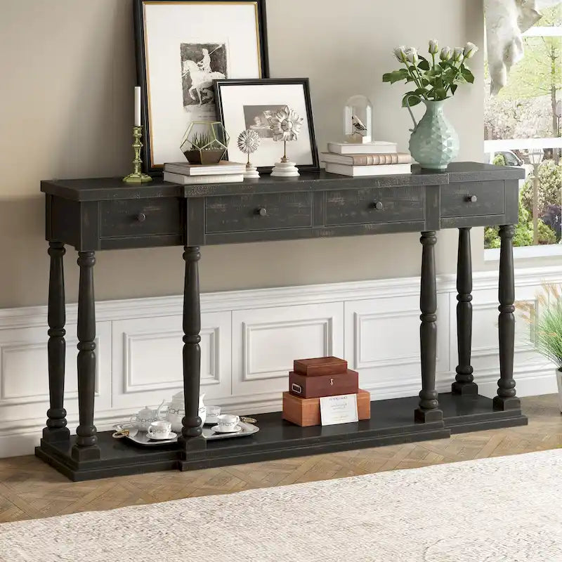 Console de style rétro avec 4 tiroirs de rangement frontaux et 1 étagère