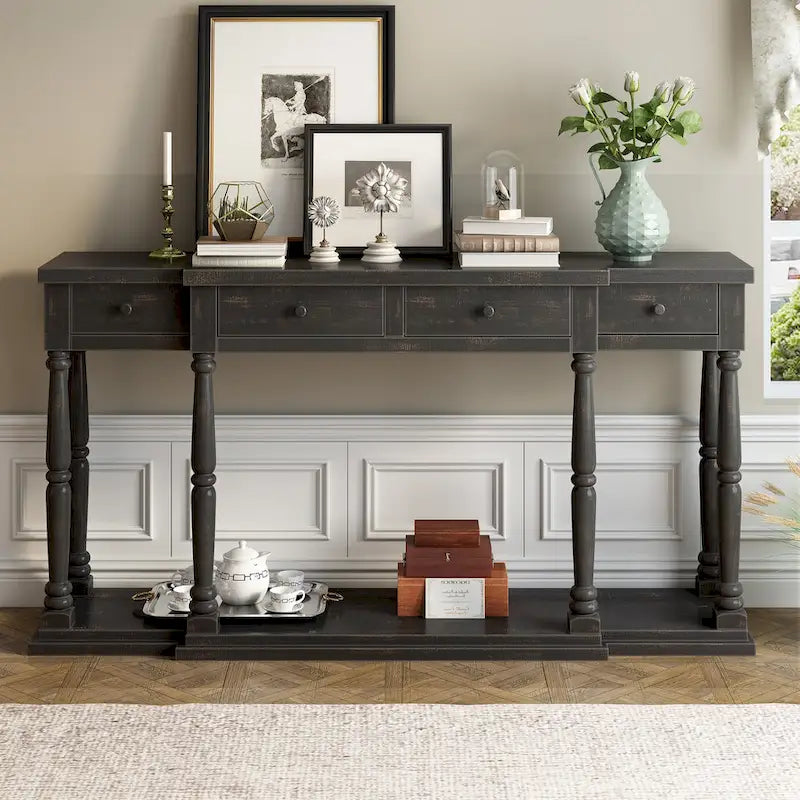 Console de style rétro avec 4 tiroirs de rangement frontaux et 1 étagère