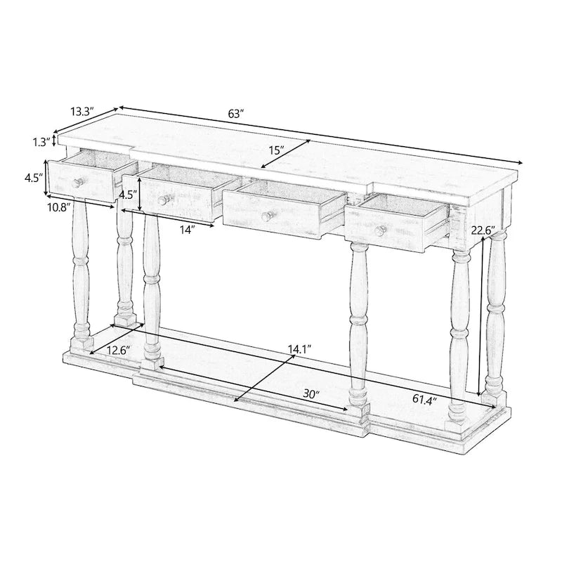 Console de style rétro avec 4 tiroirs de rangement frontaux et 1 étagère