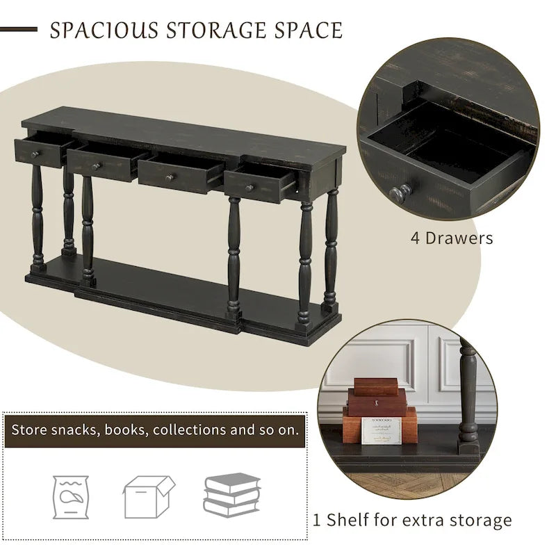 Console de style rétro avec 4 tiroirs de rangement frontaux et 1 étagère